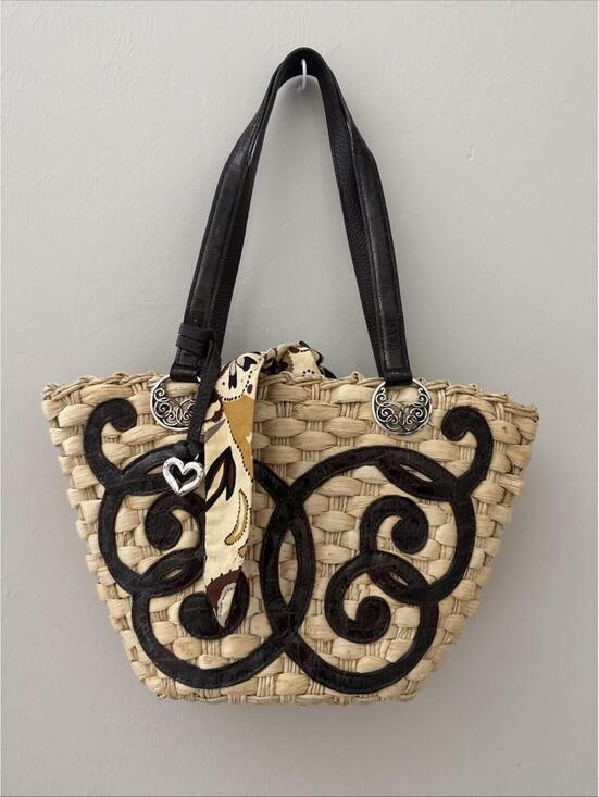 Brighton Handbags - Brighton "Lyric " Woven StrawTote with Dark Brown LeatherTrim and Heart Charm